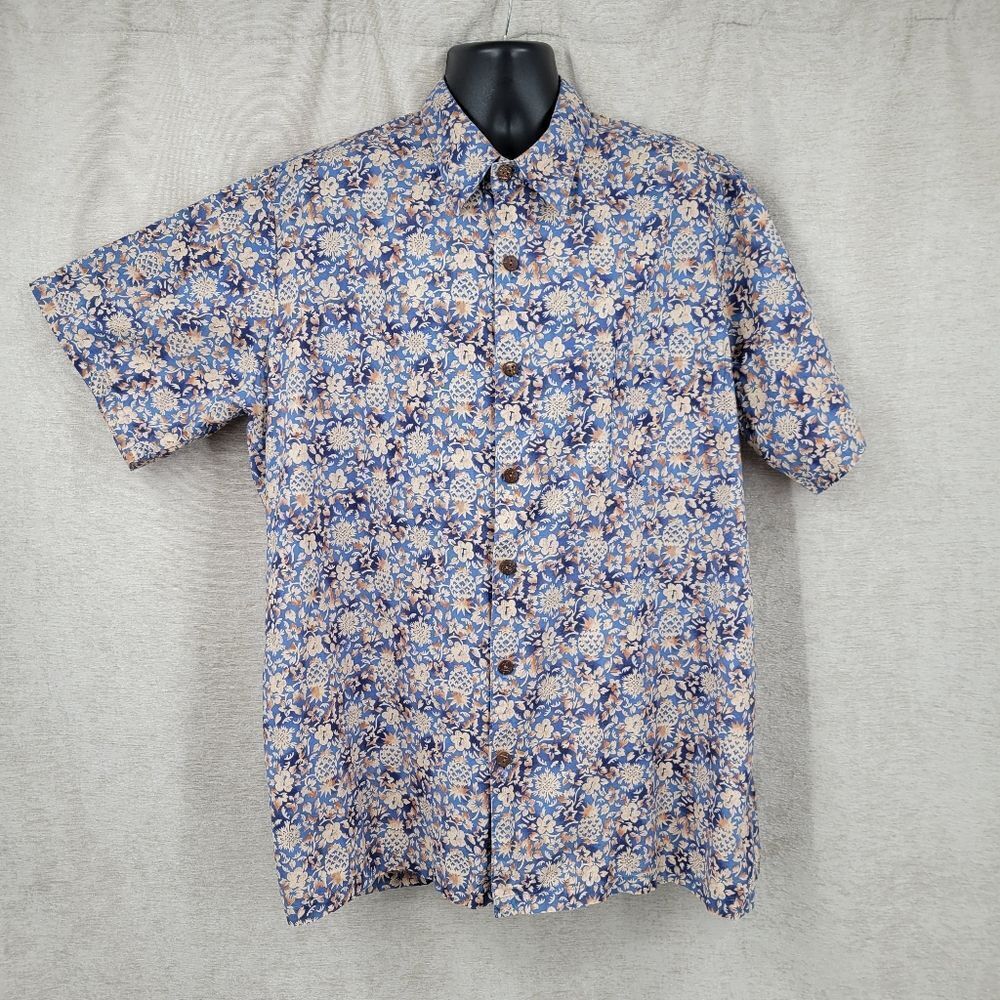 Hilo Hattie Vintage Floral Blue Cream and Brown Men's Hawaiian Button Up Shirt - Picture 2 of 11